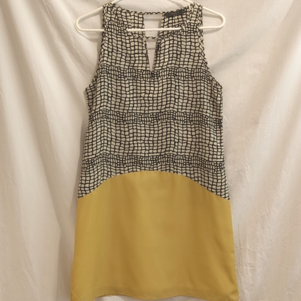 THML | Black Grid with Golden Yellow Sheath Dress Sleeveless Lined Skirt | M